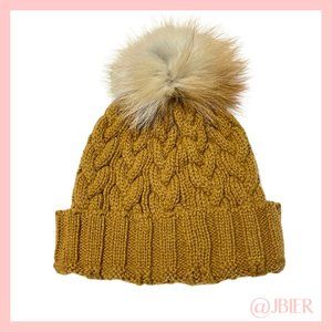 Adrienne Landau Cable Knit Beanie with Fox Fur Pom in Caramel